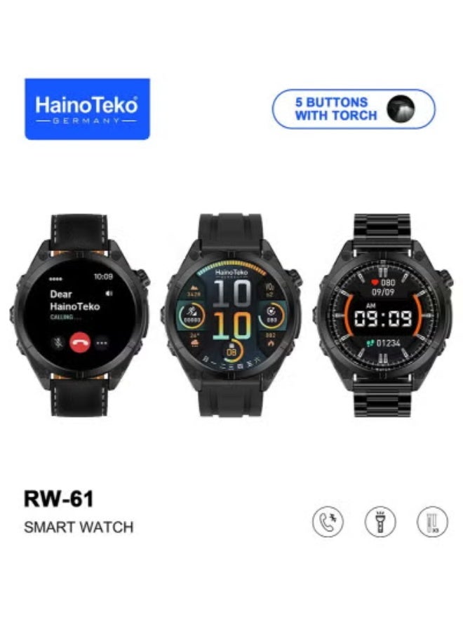 Compare RW61 Smartwatch for Ladies & Gents in Black with Round AMOLED Display, BuiltIn Flashlight, 3 Interchangeable Straps, Fitness & Health Monitoring, Heart Rate & Sleep Tracking, Smart Notifications, Long Battery Life, Stylish Unisex  at KSA Price