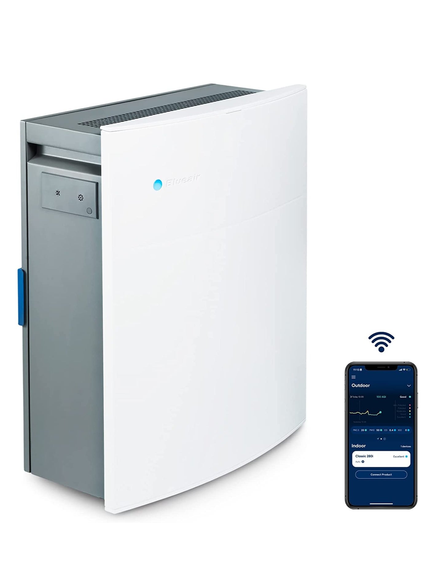 Compare Blueair  Air Purifier with HEPASilent Smokestop Filter With WiFi & AQM, Which Captures Allergens, Odors, Mold, Dust, Germs, Pets, Small Room  White  Classic 280i at KSA Price