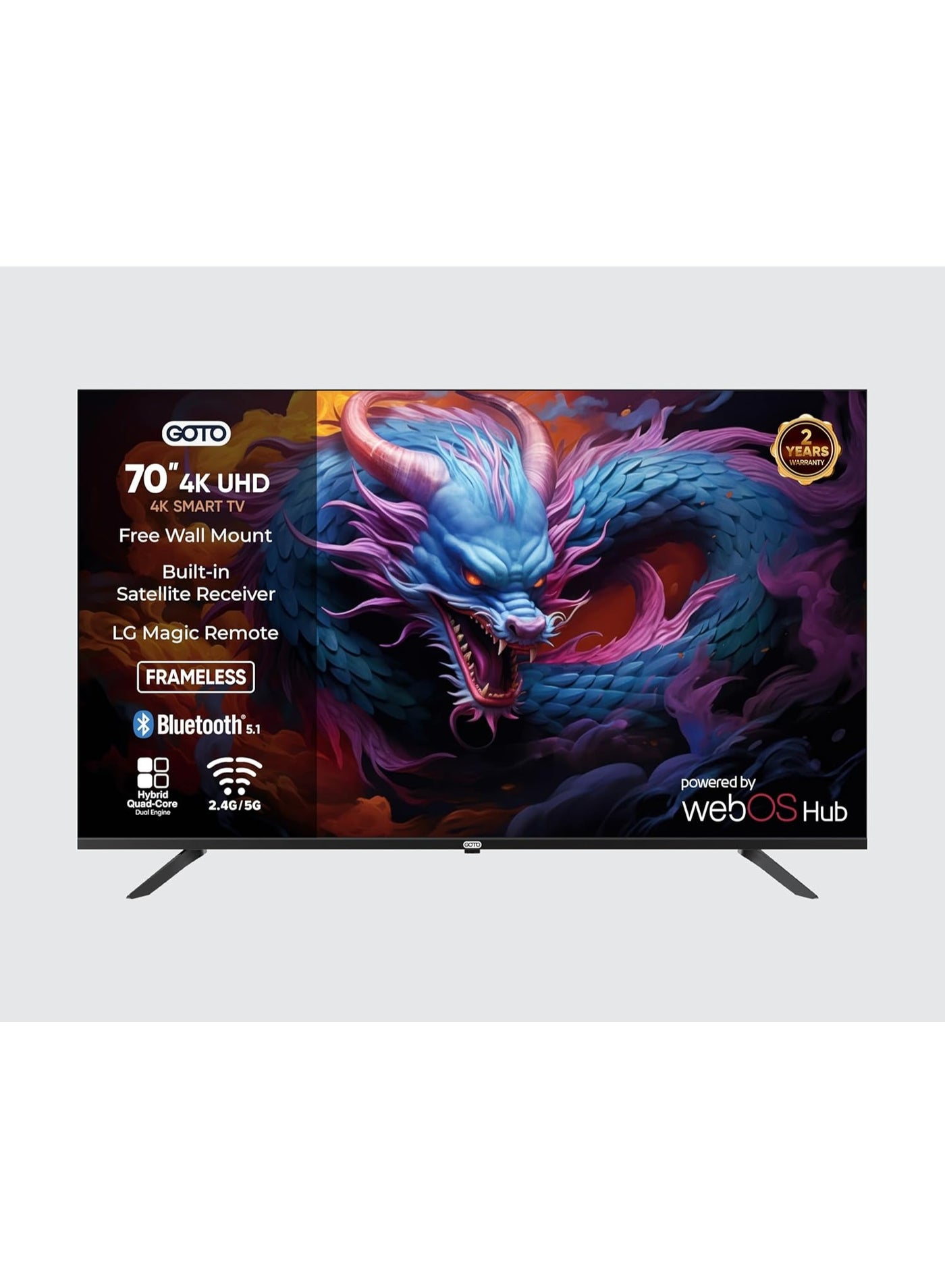 Compare GOTO 70 Inch Smart TV | Frameless | 4K UHD | WebOS Smart TV | Hybrid QuadCore Processor | LG Magic Remote | 2.4GHz5GHz WiFi | Bluetooth 5.1 | Builtin DVBT2S2 | Free Wall Mount | GOTO Home at KSA Price
