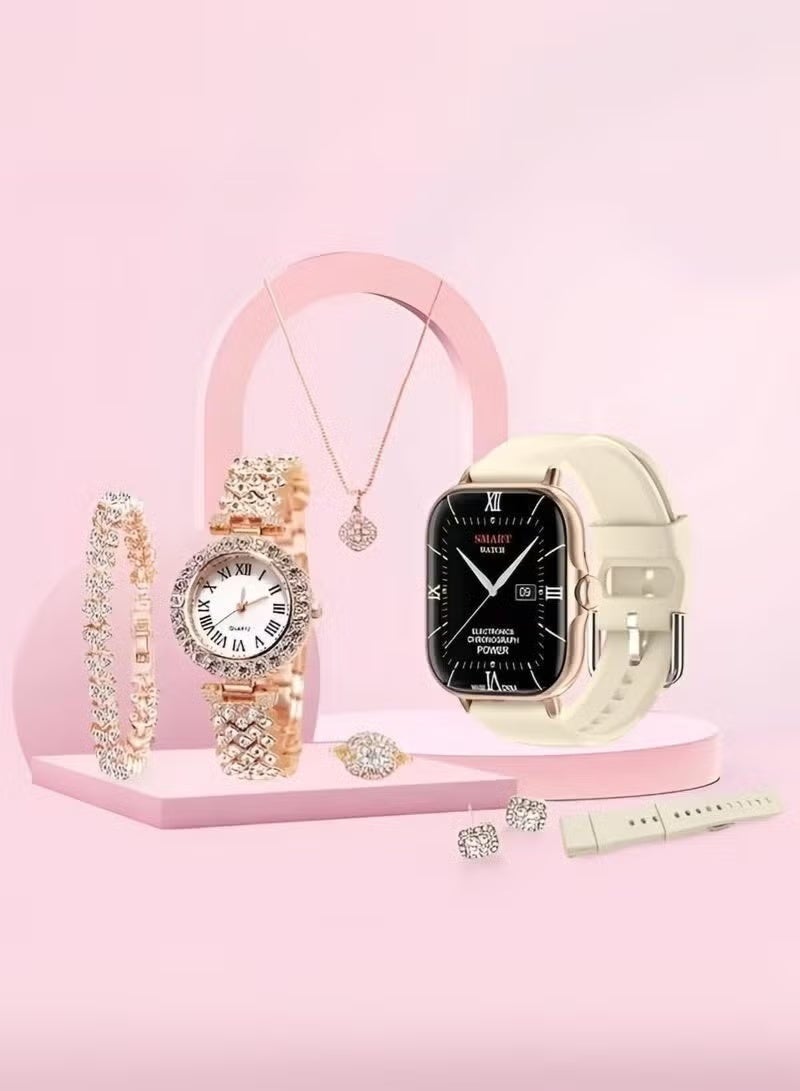 Compare A58 Plus 7in1 Gold Women Smartwatch Jewelry Set – 2.02” Bluetooth Calling Smartwatch with Extra Straps, Ring, Bracelet, Earrings & Necklace – Luxury Ladies Gift at KSA Price