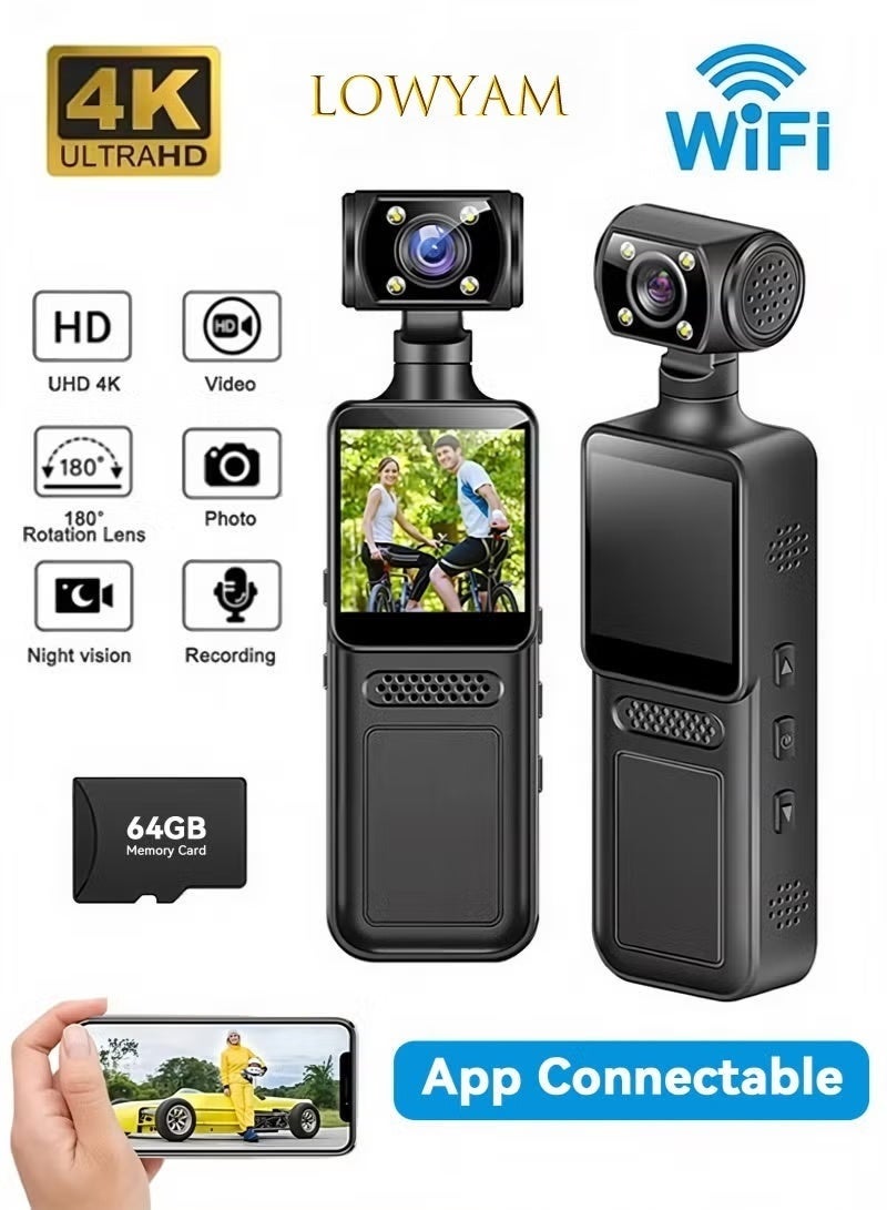 Compare 4K Ultra FHD Action Camera with 180° Rotatable Wide Angle, APP Control, 64GB Card Included. Simultaneous Video & Audio Recording, Long Battery Life for Outdoor Vlogging, Cycling, and Travel. at KSA Price