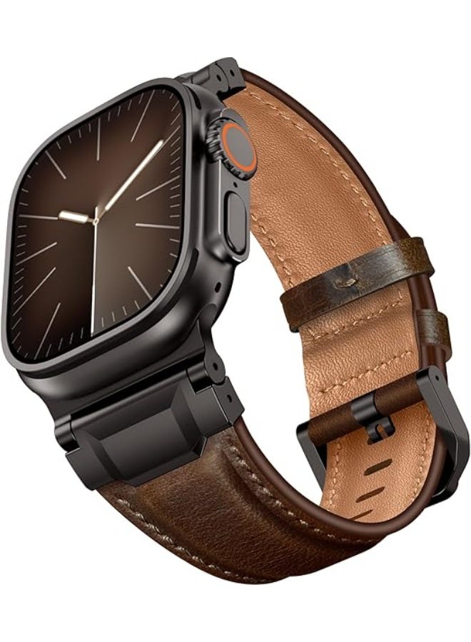 Compare Leather Bands Compatible , Genuine Leather Metal Connector Strap with Apple Watch 44mm 45mm 46mm 49mm for iWatch Ultra 3 2 1 Series 11 10 9 8 7 6 5 4 SE, Dark Brown Black at KSA Price