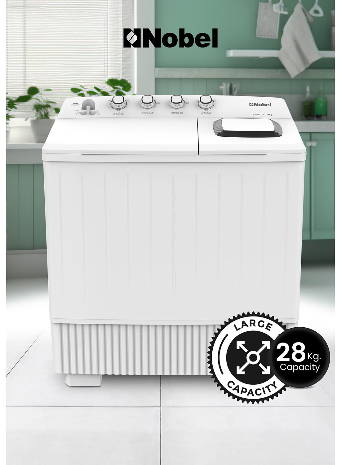 Compare Nobel 28kg Wash  14kg Spin Capacity SemiAutomatic Twin Tub Washing Machine | With 4 Control Knobs, 600W Wash & 860W Spin Power, IPX4 Rated, Water Inlet & Timed Cycles – NWM3100 White 28 L 860 W NWM3100 White at KSA Price