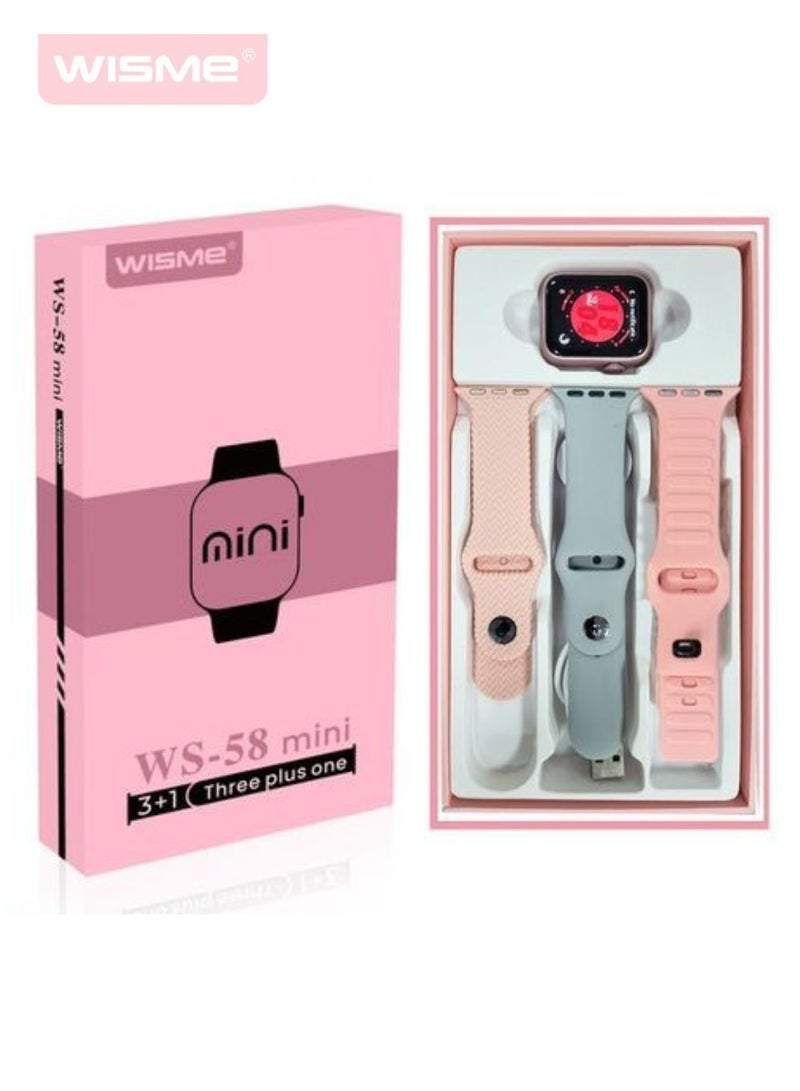Compare WS58 Mini Smartwatch with 3 Interchangeable Bands, HD Display, Bluetooth Calling, Waterproof Fitness Tracker with Heart Rate & Sports Modes, Compatible with Android & iOS – Pink at KSA Price