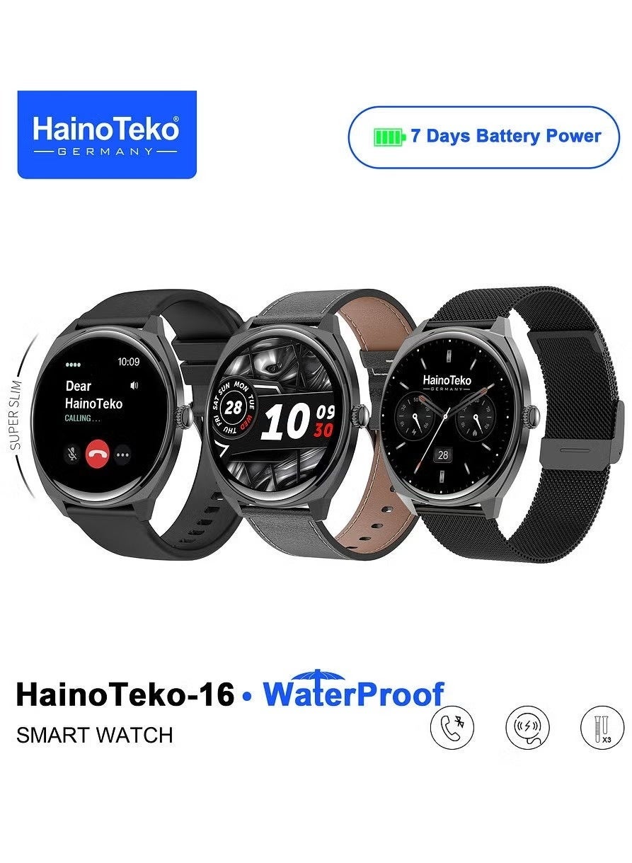 Compare HainoTeko16 Ultra Slim Waterproof Smart Watch With AMOLED Display Bluetooth Calling 3 Pair Straps and Charging Cable Designed for Ladies and Gents Black at KSA Price