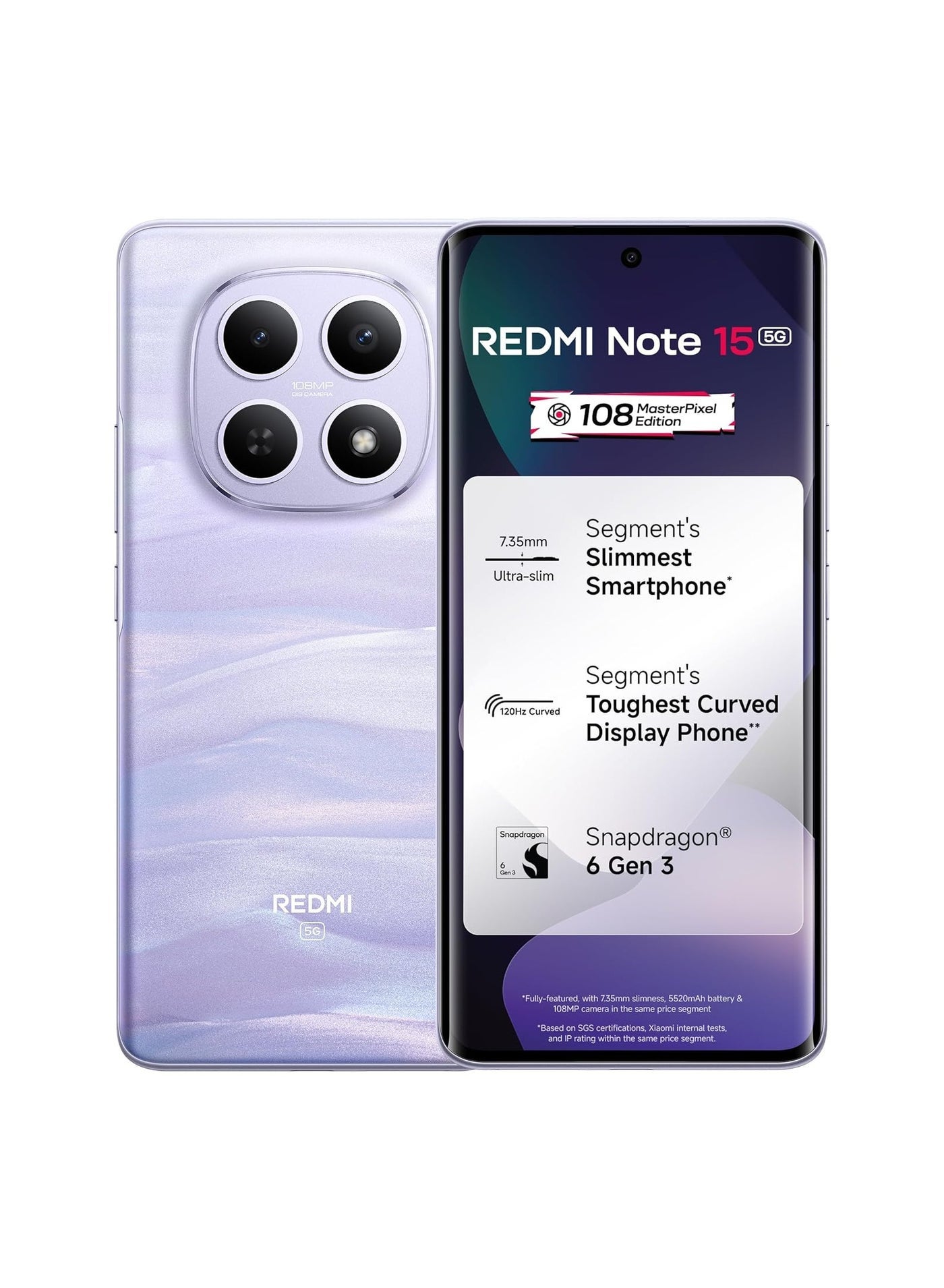 Compare Redmi Note 15 5G Mist Purple, 8GB RAM 256GB Storage | 108MP OIS Camera | Snapdragon 6 Gen 3 | 17.2cm Tough Curved AMOLED Screen | Segment’s Slimmest Phone | 5520mAh SiC Battery | 45W Fast Charging at KSA Price