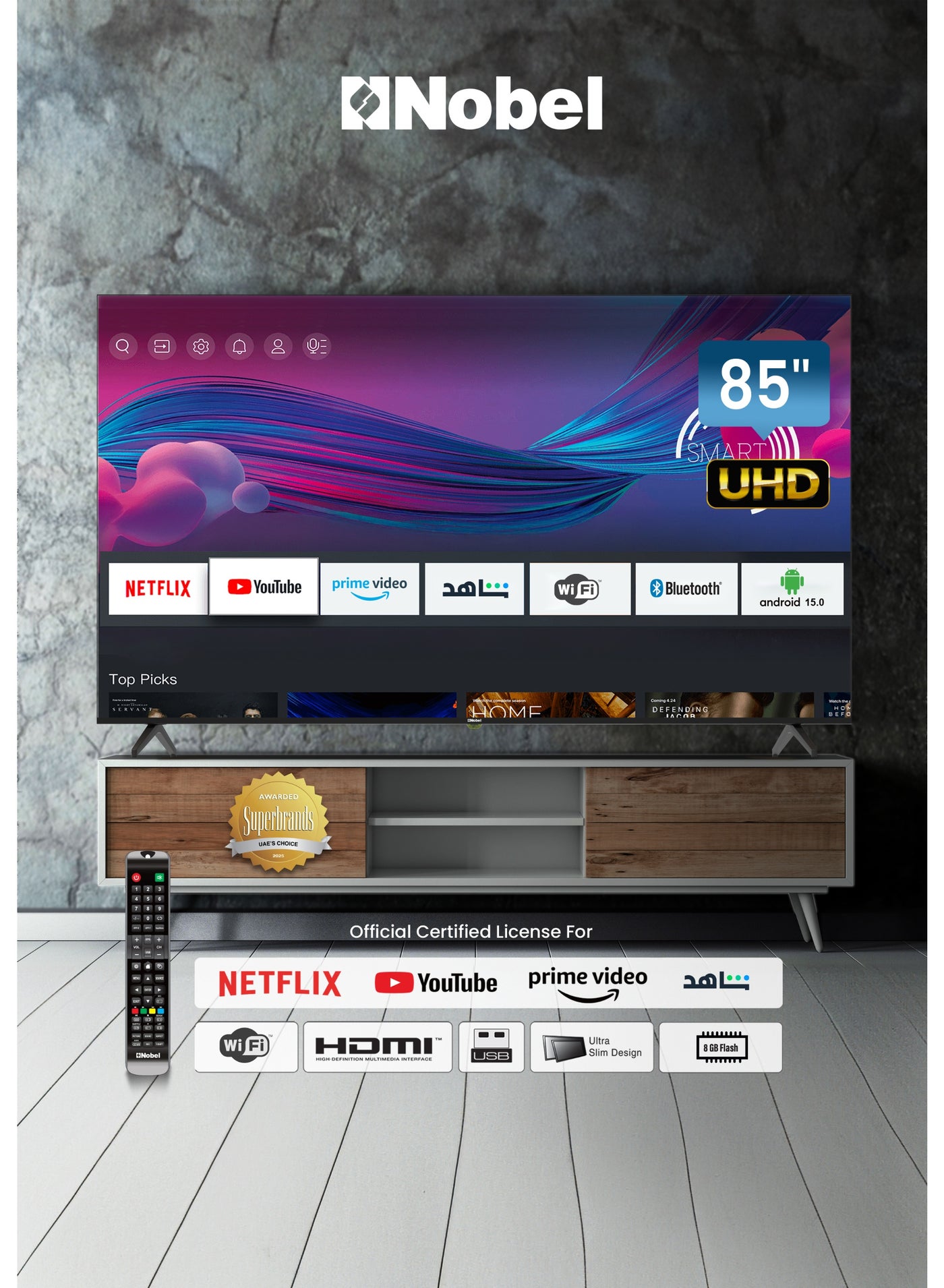Compare 85Inch 4K UHD Smart TV Android 15, WiFi, Bluetooth, DVBT2S2, 3840×2160 Resolution  UHD85LEDS5 UHD85LEDS5 black at KSA Price