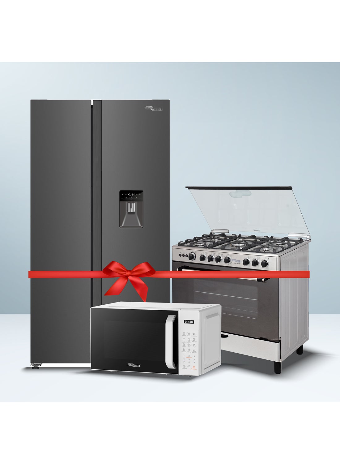 Compare 592 liters Net side by side refrigerator SGR885SBSAN + 90 x 60 freestanding Gas cooker SGC901FS + 20 liters digital Microwave SGMM922DW SGR885SBSAN + SGC901FS + SGMM922DW Dark Inox at KSA Price