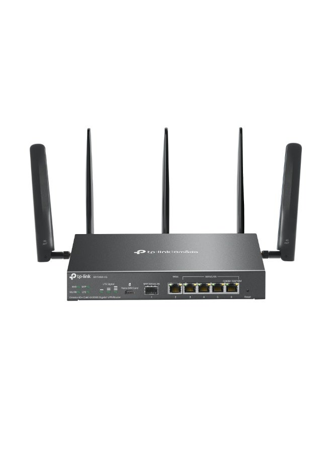 Compare Omada ER706W4G AX3000 Dual Band WiFi 6 Gigabit VPN Router | 4G+ LTE Cat6 Upto 300Mbps | SFP WAN | 5x Gigabit Ports | 512MB RAM | 128MB Flash | 5 Antennas | IPSecSSLWireGuardOpenVPN | SDN Cloud Managed | WallDesktop Mount black at KSA Price