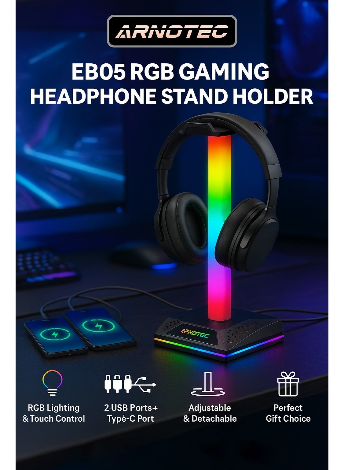 EB05 RGB Gaming Headphone Stand Holder with Touch…