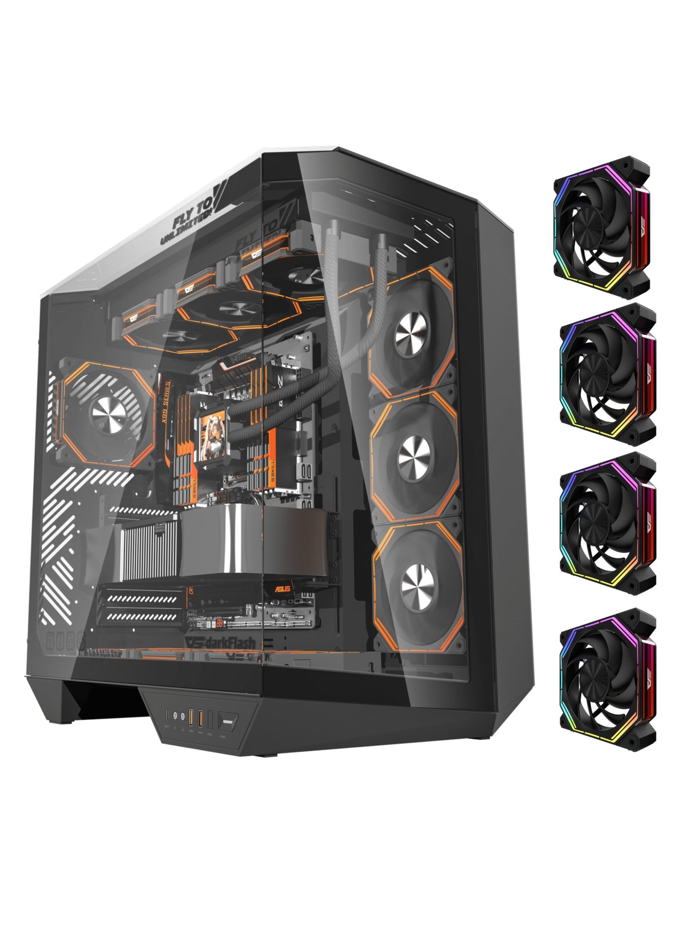 Compare Darkflash DY470 ATXMATXITX Triple Glass Gaming PC Case with 4*120MM ARGB Fans & GPU Holder, Triple Glass Design, Supports 360MM Radiators, USB TypeC, 10*120MM Fans Compatible Gaming Case at KSA Price