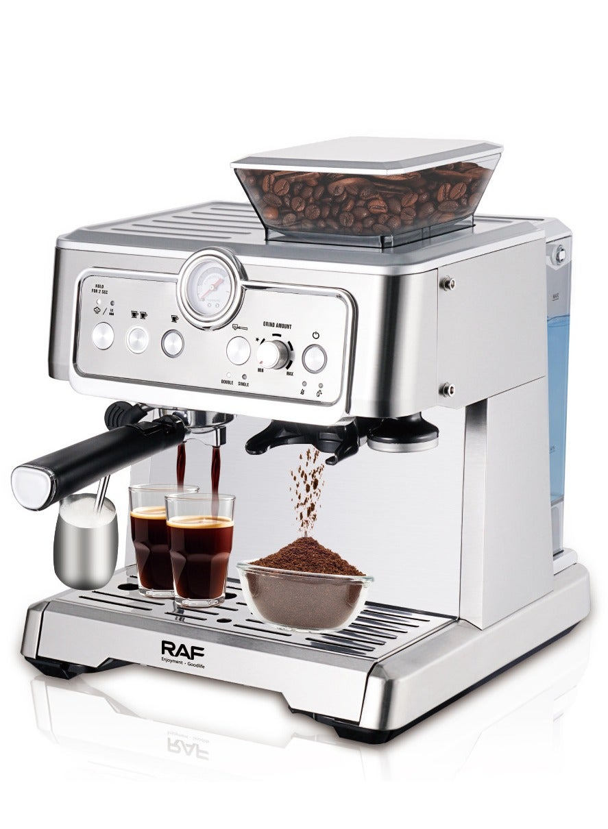 Compare RAF 1350W Espresso Coffee Machine with Grinder & Milk Frother | 2.3L Large Capacity, Twin Brewing Cycle | Professional Barista Coffee Maker for Home & Office at KSA Price