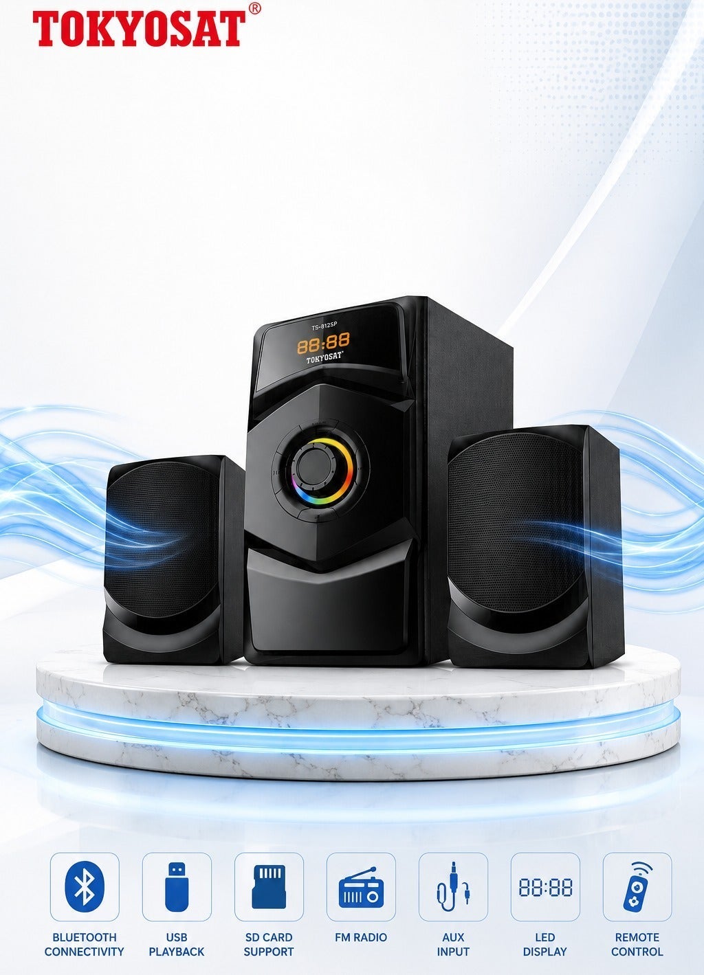 Compare TOKYOSAT TS812SP 2.1 CH Bluetooth Multimedia Speaker System with Powerful Bass, USB, SD Card, FM Radio, AUX Input & Remote Control at KSA Price