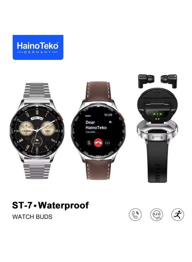 Compare ST7 Smartwatch with Integrated Wireless Earbuds, HD AMOLED Display, Bluetooth Calling, Waterproof, 3 Interchangeable Straps Metal, Leather, Silicone at KSA Price