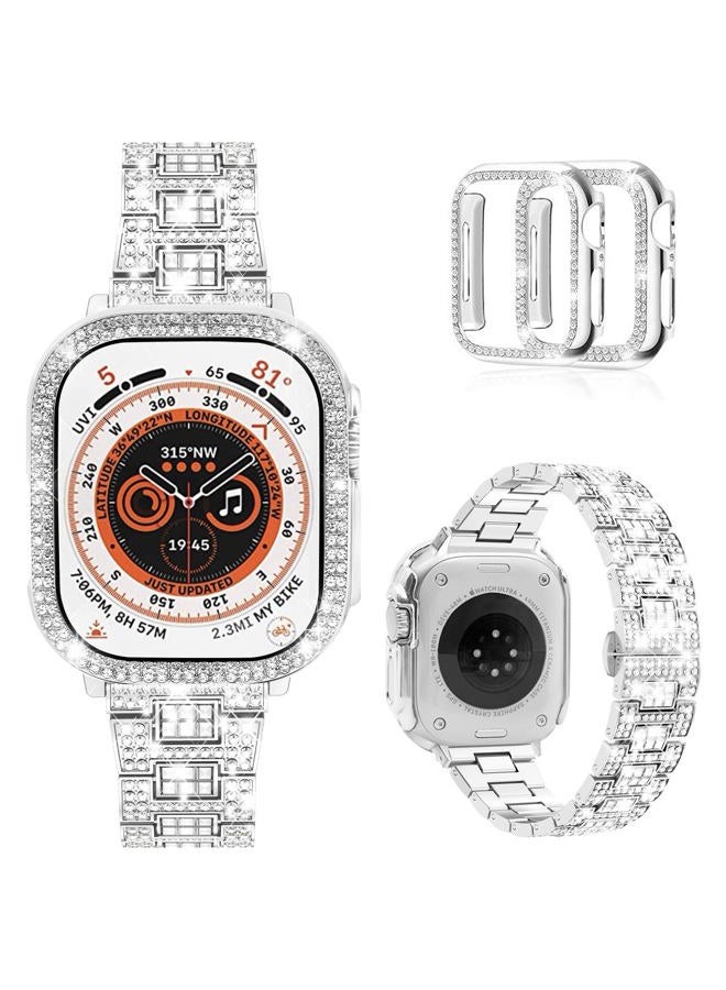 Compare Compatible with Apple Watch Band Ultra 2 Ultra 49mm with Case Women, Bling Metal Wristband Strap with 2 Pack Bling PC Protective Cover for iWatch Ultra 49mm 49mm, Silver at KSA Price