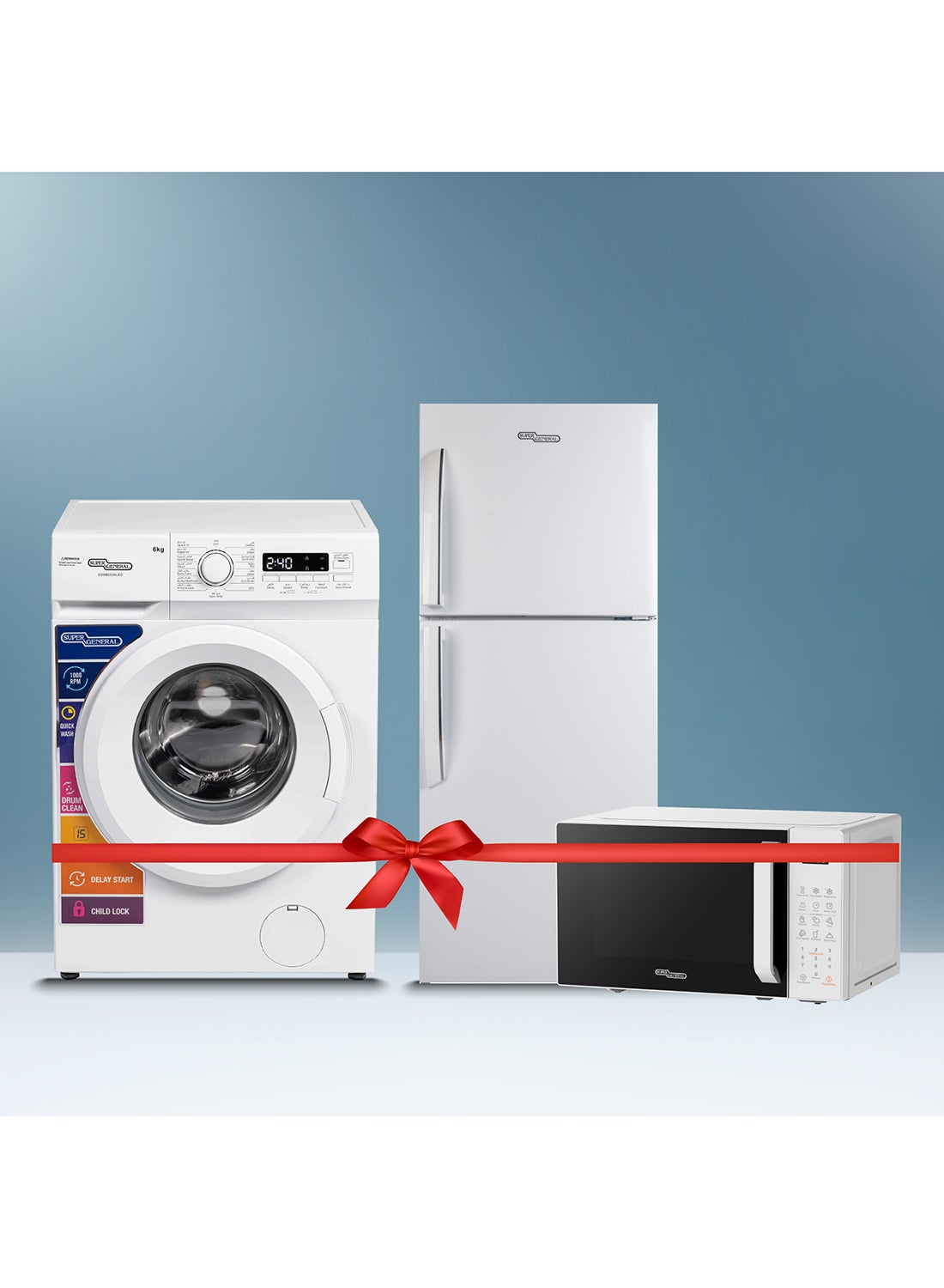 Compare 255 liters Gross Double Door Refrigerator SGR255E + 6KG Front load Washing Machine SGW6250NLED + 20 liters digital Microwave SGMM922DW SGR255E + SGW6250NLED + SGMM922DW White at KSA Price