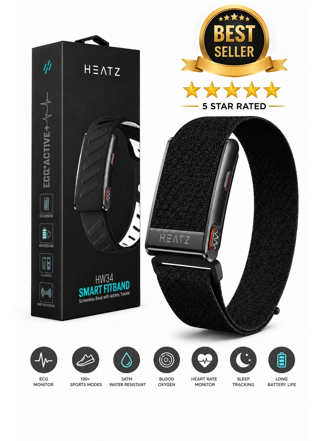 Compare HEATZ HW34 Smart FitBand with ECG Health Monitoring, 120+ Sports Modes, 3ATM Water Resistant, Dual Straps Silicone + Nylon, Blood Oxygen, Heart Rate & Sleep Tracking, Long Battery Life at KSA Price