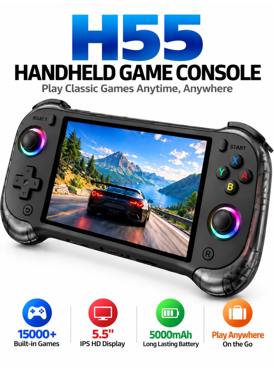 Compare H55 Handheld Game Console, 5.5Inch IPS HD Display, 15,000+ Builtin Games, 5000mAh Rechargeable Battery, Dual Joysticks, HDMI TV Output, TF Card Support, Portable Retro Gaming Console – Assorted Colors at KSA Price