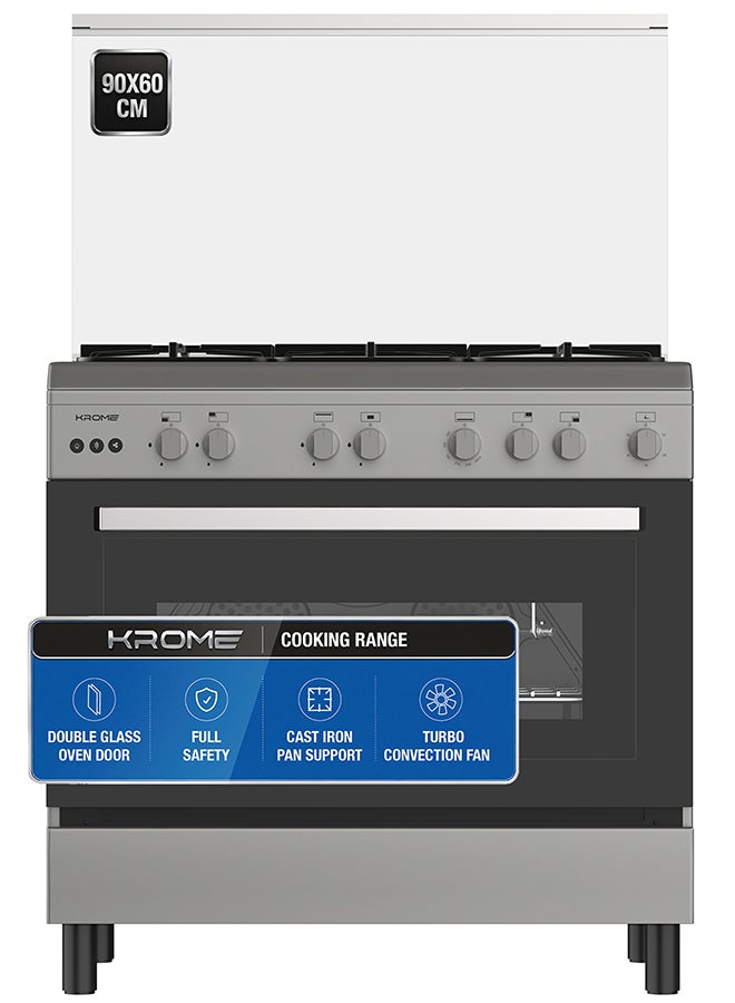 Compare 5 Burner 90x60cm Gas Cooking Range, Matte Stainless Steel, Dual Layer Tempered Glass, Auto Ignition, Cast Iron Pan Support, Flame Failure Device, Adjustable Legs, LPG 28mbar KRCR9060G Silver KRCR9060G Silver at KSA Price