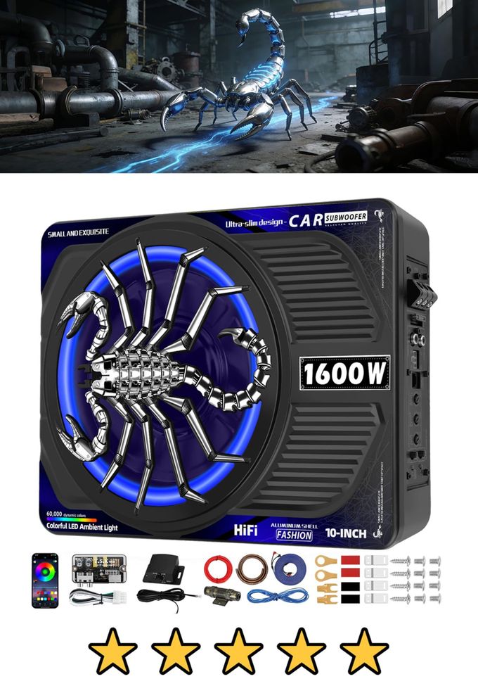 Compare 1600W Slim Underseat Car Subwoofer And Amp Package, Powered Subwoofer Car Audio With BuiltIn Class D Amp, Rgb BeatSync Light, Deep Subsonic Bass, Under Seat Subwoofer For Truck Suv Sedan at KSA Price