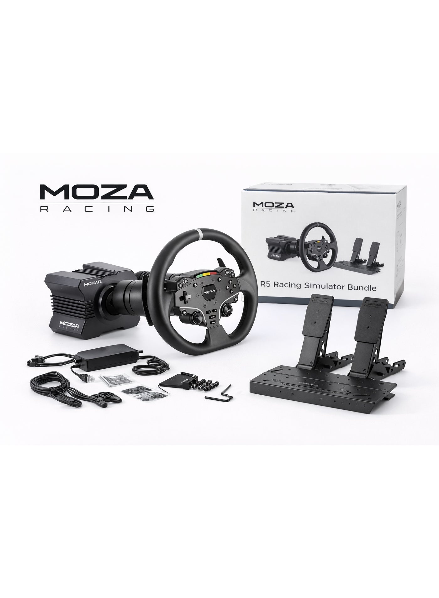 Compare MOZA R5 Direct Drive Racing Simulator Bundle 5.5Nm Force Feedback Wheel Base, ES Steering Wheel, SRP Lite Pedals, PC Gaming Racing Setup at KSA Price