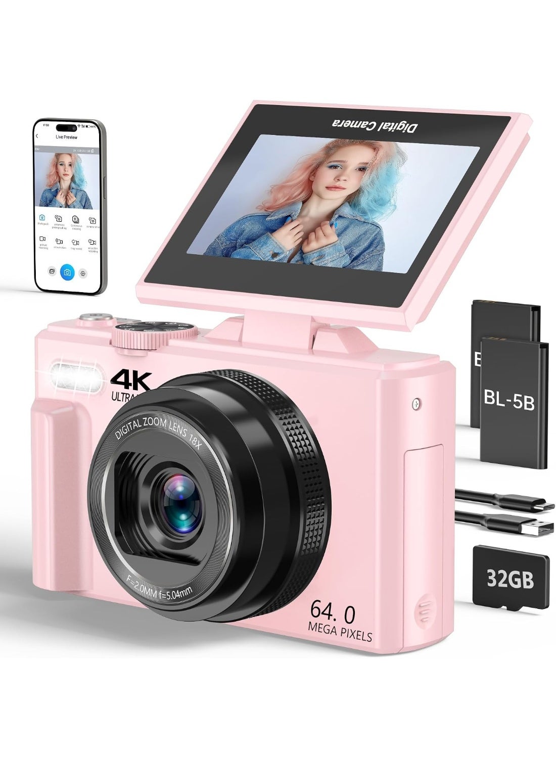 Compare 4K Digital Camera for Photography, 64MP Vlogging Camera for YouTube with 3 180° Flip Screen, AntiShake, 18x Digital Zoom Point and Autofocus Shoot Camera with 32GB Micro SD Card for Beginner at KSA Price