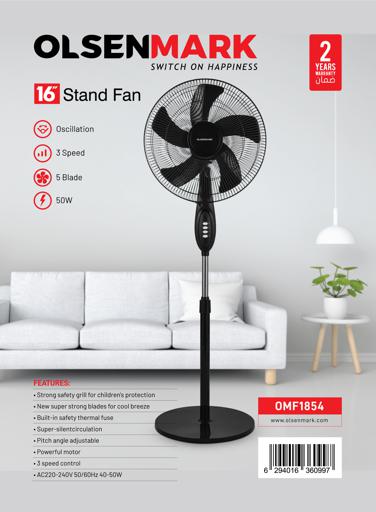 Compare Olsenmark 16 Stand Fan  OMF1854 Pedestal Fan with 5 Leaf Blades, Powerful Motor, 3 Speed Settings, High Speed Wind, Safety Grill, AntiSkid Base Ideal for Home, Office, Garage & Apartment Black, 2 Years Warranty 50 W OMF1854 black at KSA Price