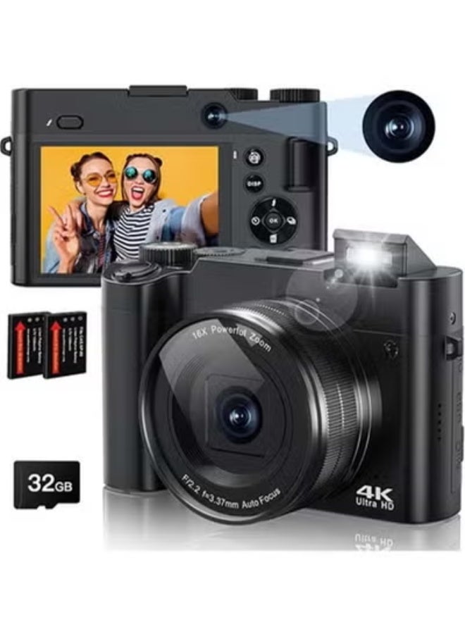 Compare 4K Digital Camera, 64MP Rear and Front Camera for Photography and Video Autofocus AntiShake, 3 Selfie Flip Vlogging Camera with Ultra Bright Flash, Camera with Dial 16X Zoom 2 Batteries+32G memory card at KSA Price