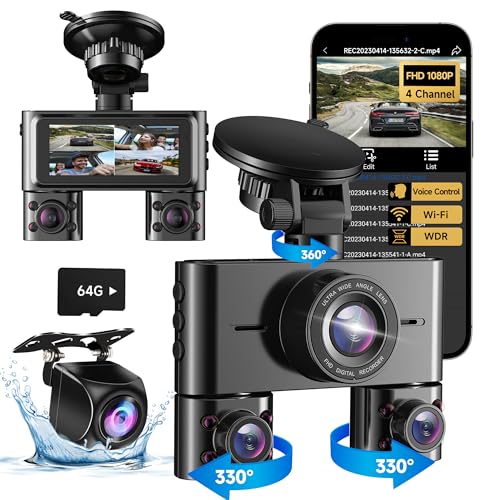 Compare 360° Dash Cam Front and Rear Inside, 4 Channel Dash Camera for Cars FHD 1080Px4, Builtin WiFi, 3.16” IPS Screen, WDR Night Vision, Voice Control, Included 64GB Card, 24H Parking Mode at KSA Price