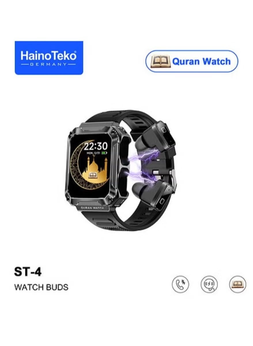 Compare ST4 Smart Watch Buds with Quran Full 114 Chapters & 4GB MP3 Speaker – Bluetooth Smartwatch for Men & Boys | MultiFunctional, Waterproof, Music, Calls, and Fitness Tracking at KSA Price