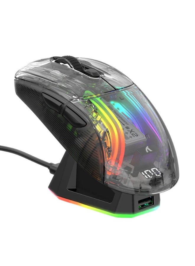 Compare X2 Pro Transparent Wireless Gaming Mouse – 4000 DPI, TriMode 2.4GHzBluetoothWired USBC, RGB Lighting, PixArt PAW3212 Sensor, Silent Clicks, Rechargeable Battery with Charging Dock, Ergonomic Design | Black at KSA Price