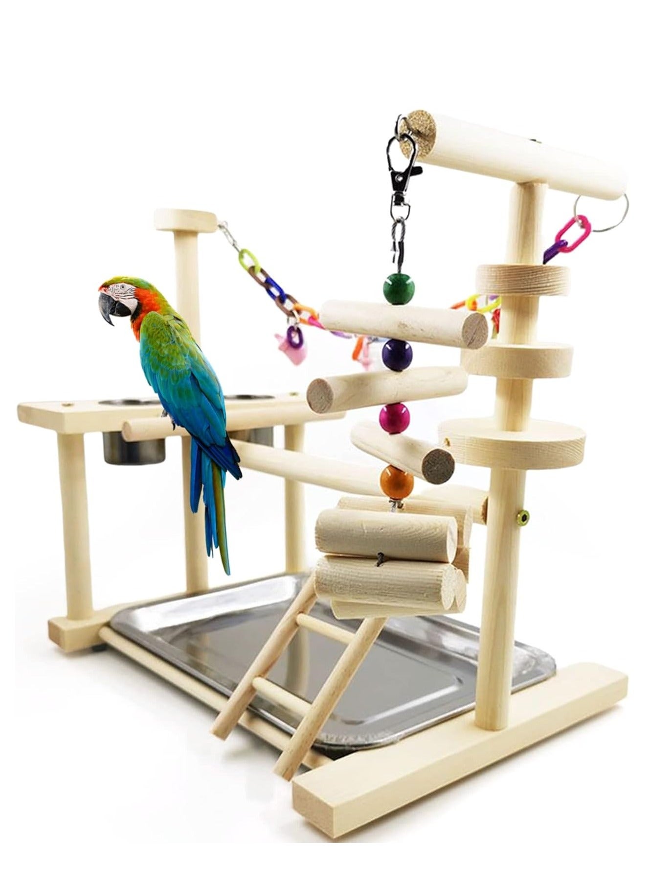Compare Parrot Wood Playstand Bird Gym Playpen Ladder With Feeder Cups Tray 36.5x25.5x35 Cm at KSA Price