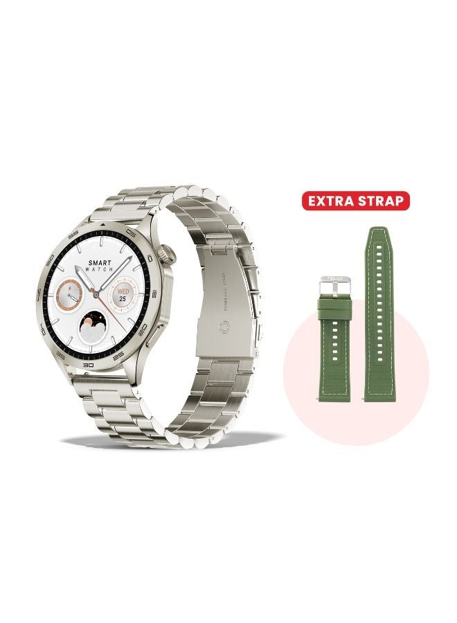 Compare TELUX NEO Smart Calling Watch with 1.43” AMOLED Display, 2 Straps Stainless Steel & Silicone, Heart Rate & BP Monitoring, Sleep Tracking, IP67 Waterproof, 10Day Battery, Android & iOS App Silver at KSA Price
