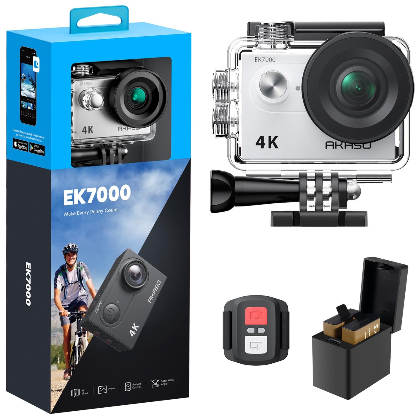 Compare AKASO EK7000 4K30FPS 20MP WiFi Action Camera with EIS Ultra HD Underwater Camera 131FT Waterproof Camera Remote Control 4X Zoom Support External Microphone Silver at KSA Price