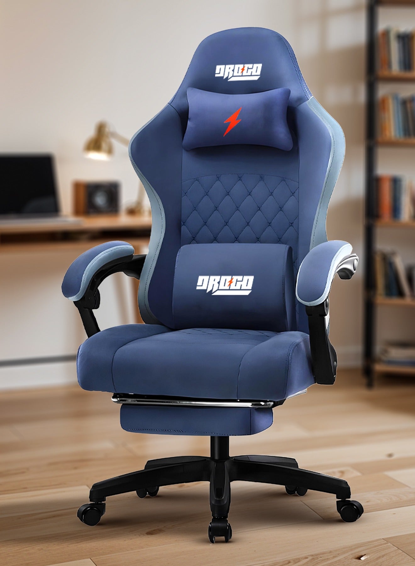 Compare Throne Ergonomic Gaming Chair, Video Game Chair with Linkage Armrest, Footrest & Adjustable Seat Computer Chair with Fabric, Head & Massager Lumbar Pillow Home & Office Chair with Recline Dark Blue at KSA Price