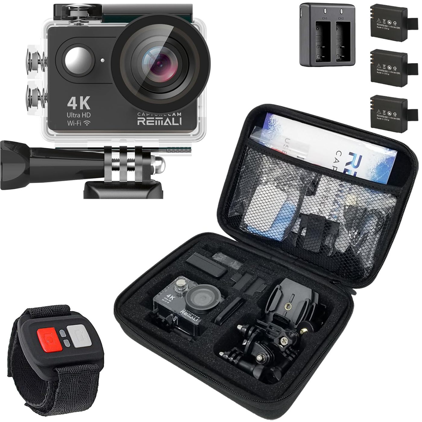 Compare REMALI CaptureCam 4K60FPS Waterproof Action Camera 21Piece Complete Kit and 3 Batteries â€” Amazing Family Sports Camera That Captures Best Moments â€” Great for Baseball, Fishing & Travel Adventures at KSA Price
