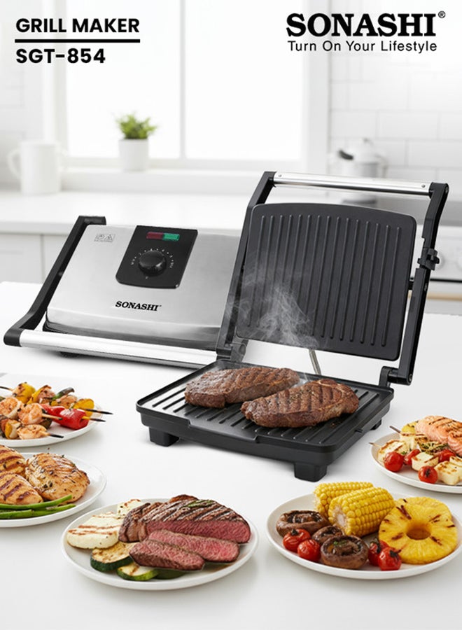 Compare 2000W 4 Slice NonStick Contact Grill & Panini Maker | Stainless Steel Body with Cool Touch Handles | Power On & Ready Indicator with Overheat Protection | SGT854 BlackSilver 2000 W SGT854 BlackSilver at KSA Price