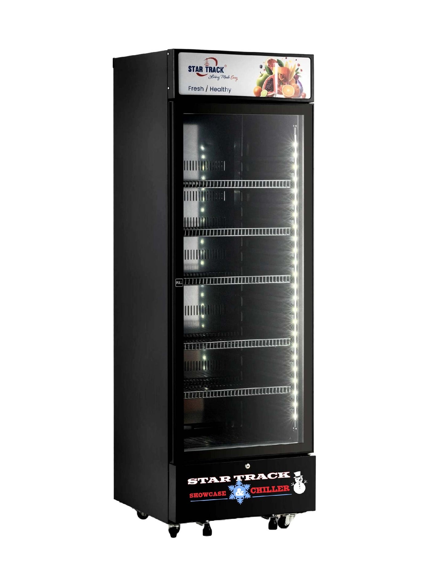 Compare 350L Showcase Chiller – Adjustable Shelves, LED Lighting, No Frost, and Easy Mobility 350 L 220 kW STBCH350L Black at KSA Price