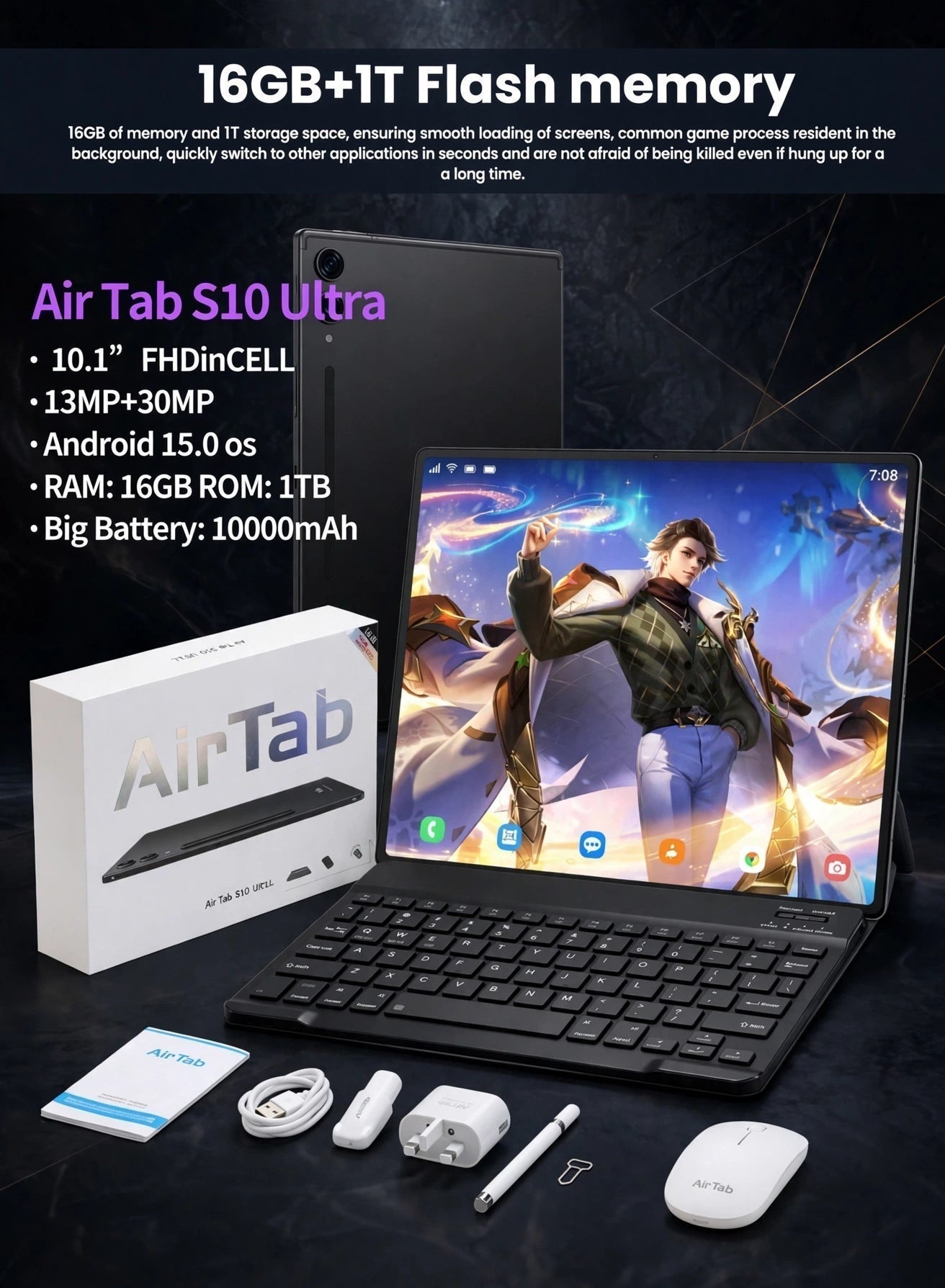 Compare S10 Ultra 5G WiFi Android Tablet 10.1 Inch Display, 16GB RAM, 1TB ROM, 10000mAh Battery, Dual SIM, Wireless Arabic Keyboard, Fast Charging, HighPerformance Black Tablet at KSA Price