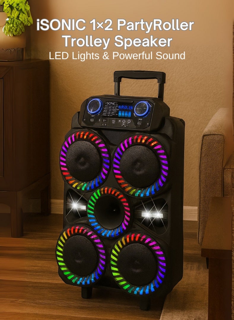 Compare IS440 1×2 Trolley Bluetooth Speaker with LED Party Lights, Powerful Sound, Wireless Mic & Remote, Rechargeable Portable Design – Ideal for Parties, Karaoke & Outdoor Entertainment at KSA Price
