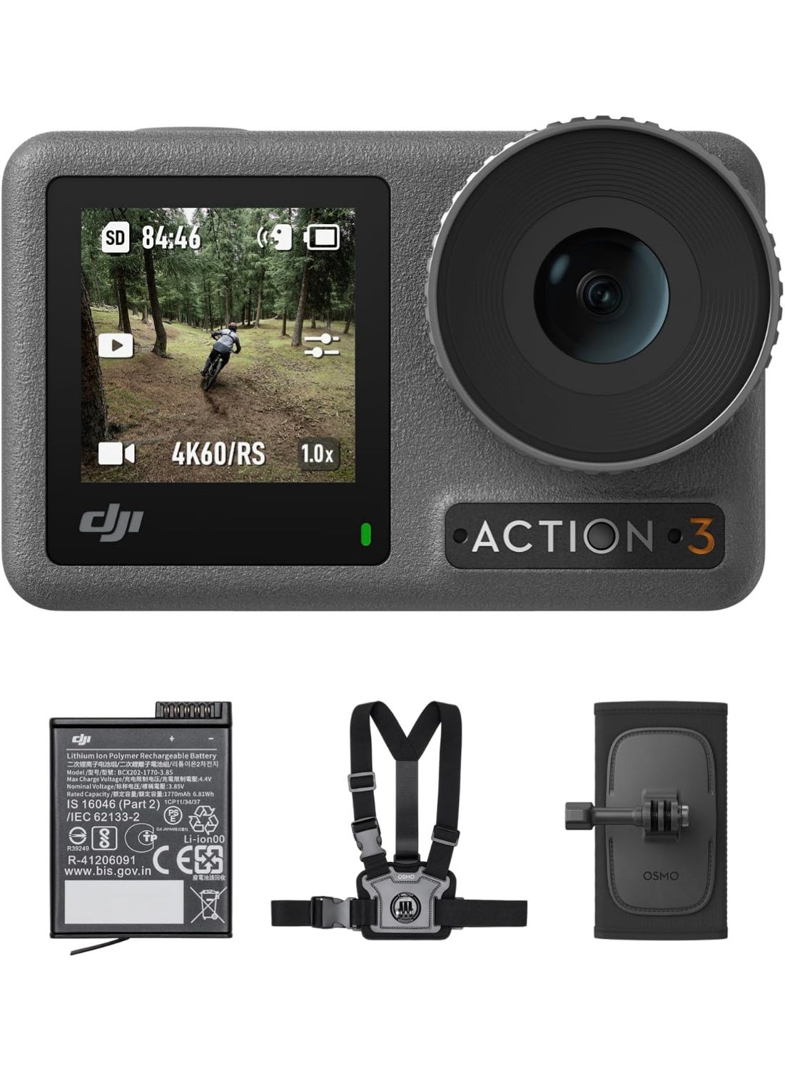 Compare DJI Osmo Action 3 Outdoor Combo  4K120fps Action Cam with Chest and Backpack Holder for Hiking and Cycling, Super Wide Field of View, HorizonSteady, ColdResistant & 320 min Running Time with 2 at KSA Price