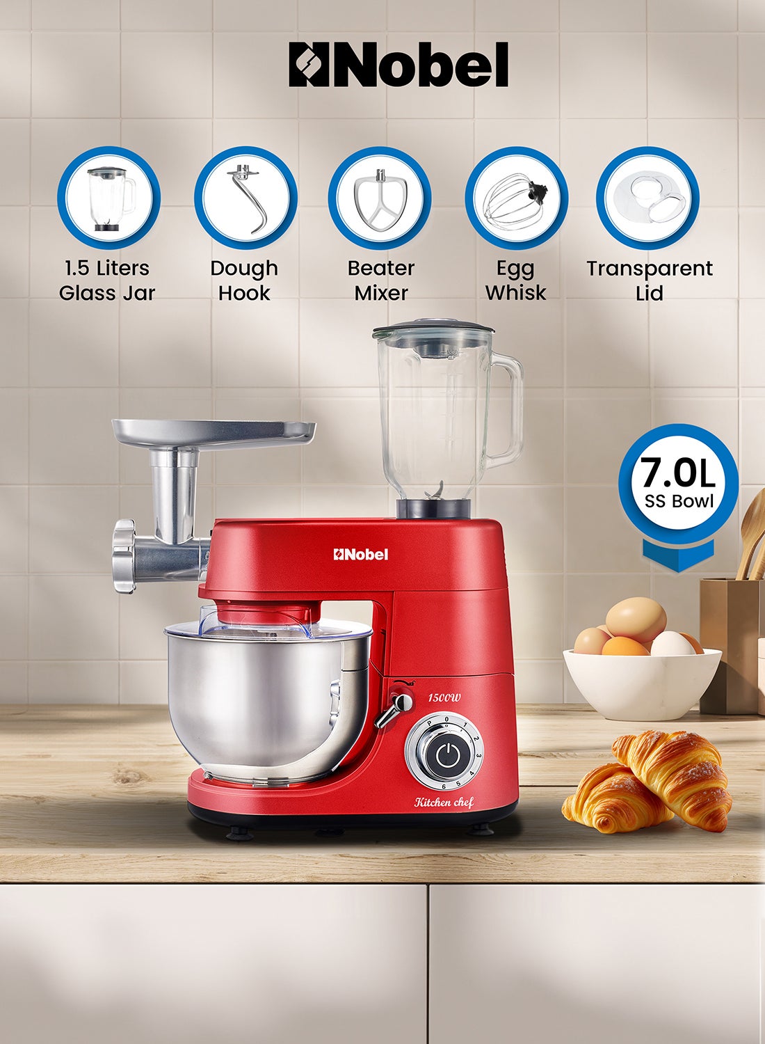 Compare 3 in 1 Food Processor Stand Mixer and Bowl 7L with 1.5L Juicer 1500 W NBM100 Red at KSA Price