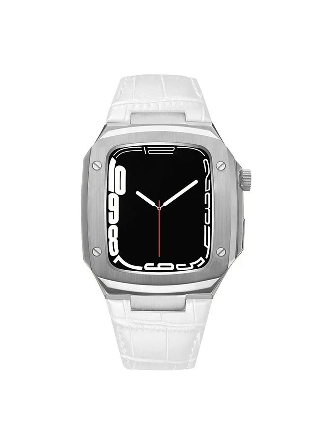 Compare Stainless Steel Case with Genuine Leather Watch Band For Apple Watch 44mm 45mm, Luxury Metal Protective Bumper Cover for Men White at KSA Price