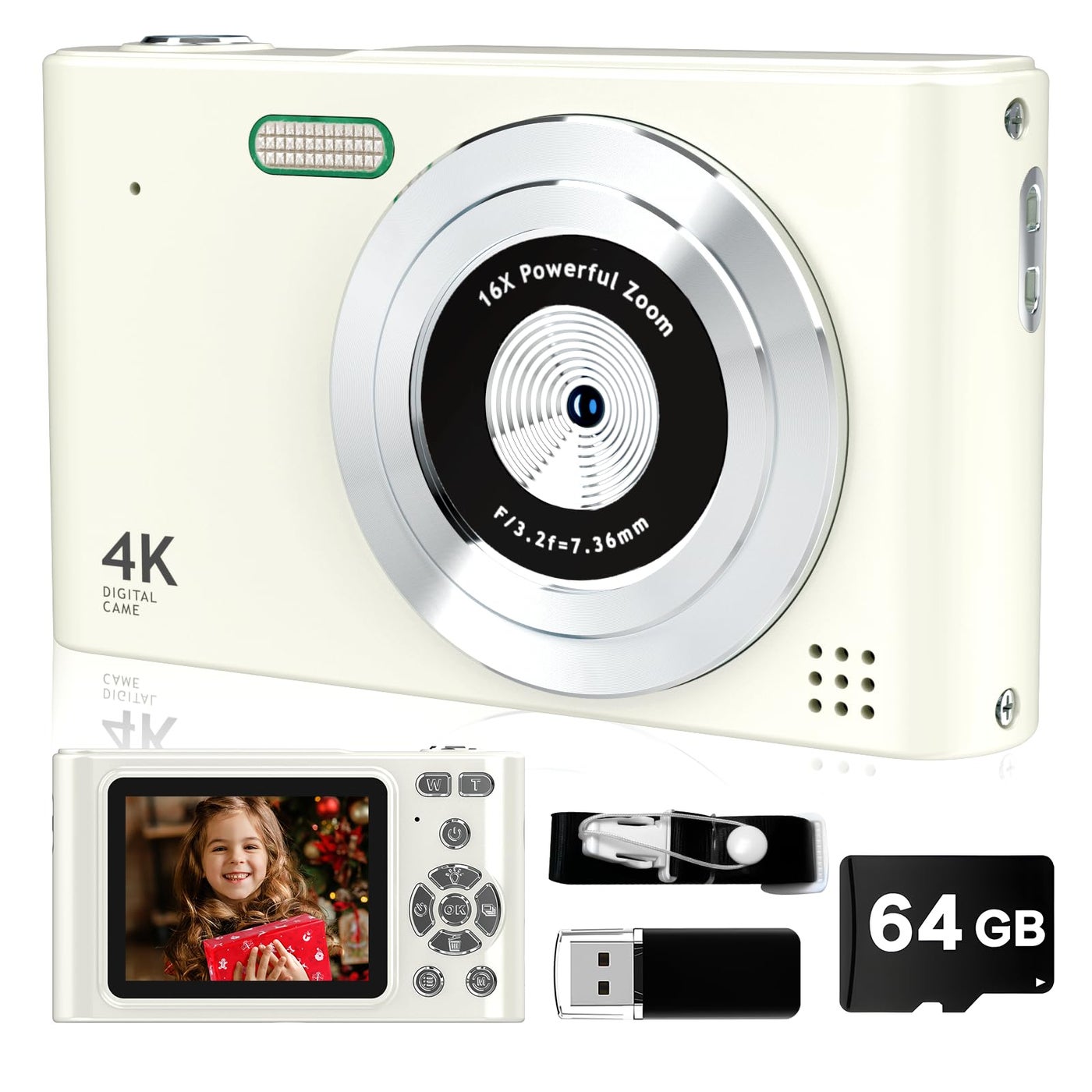 Compare Digital Camera, 44MP Full HD 1080P Point and Shoot Camera with 64GB Card, Anti Shake 16X Zoom Compact Volg Cameras, Portable Small Camara Gift for Kids, Ages Teen Girl Boy  White at KSA Price