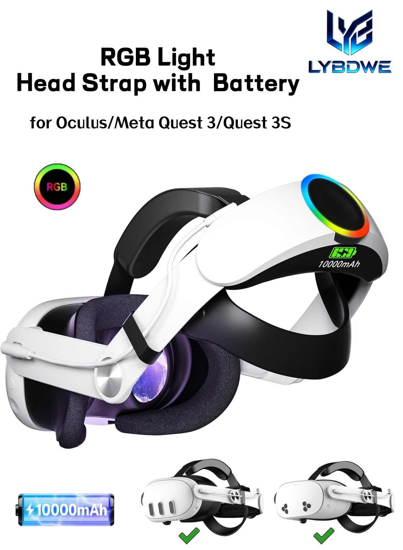 Compare RGB Battery Head Strap Compatible with MetaOculus Quest 3Quest 3S,10000mAh Battery Pack, Extend 8 Hrs Playtime and Enhanced Comfort,Reduce Facial Stress,Adjustable RGB Lighting VR accessory at KSA Price