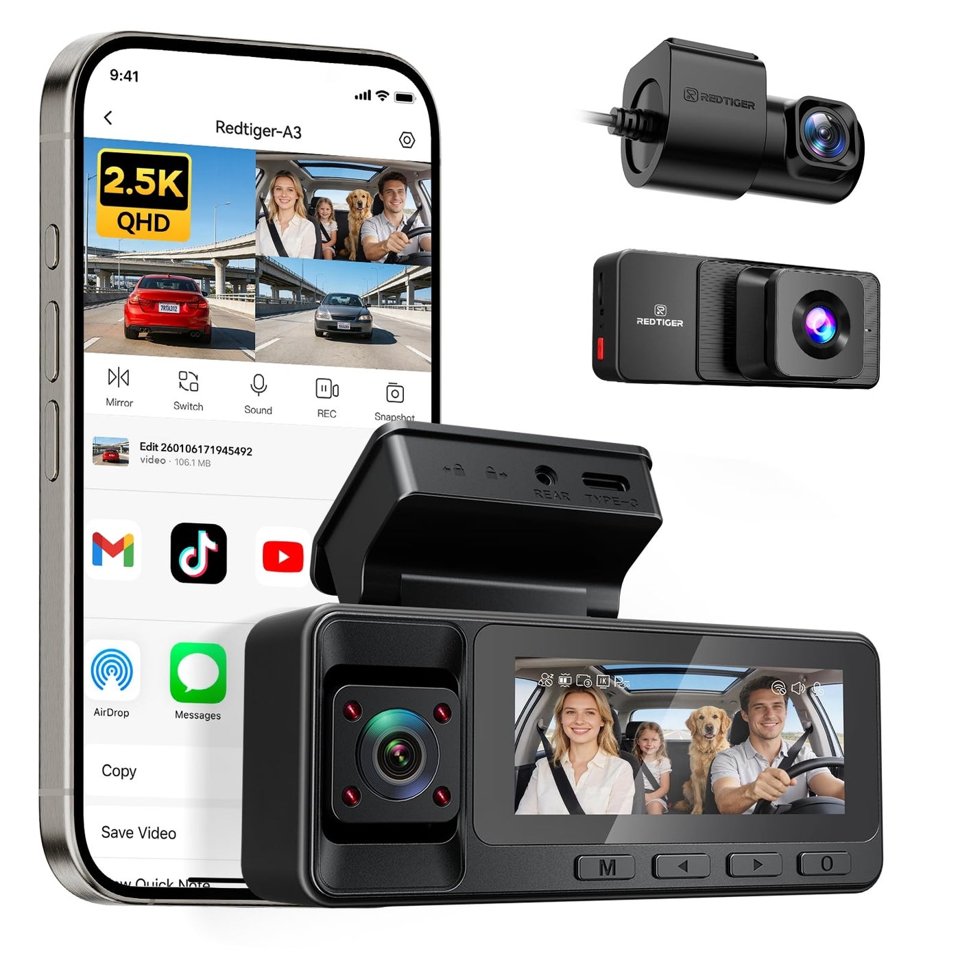REDTIGER 2.5K 3 Channel Dash Cam with WiFi,…