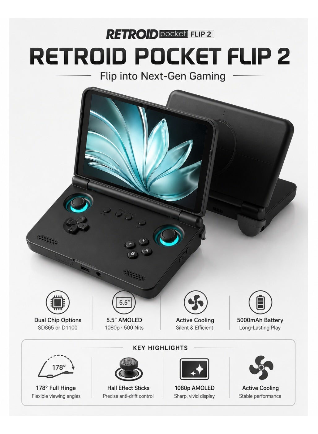 Compare Retroid Pocket Flip 2 Retro Handheld Game Console, 5.5 1080P AMOLED Display, Snapdragon 865, Hall Effect Sticks, Android 13, 5000mAh Battery, Portable Gaming Device, GC Black at KSA Price