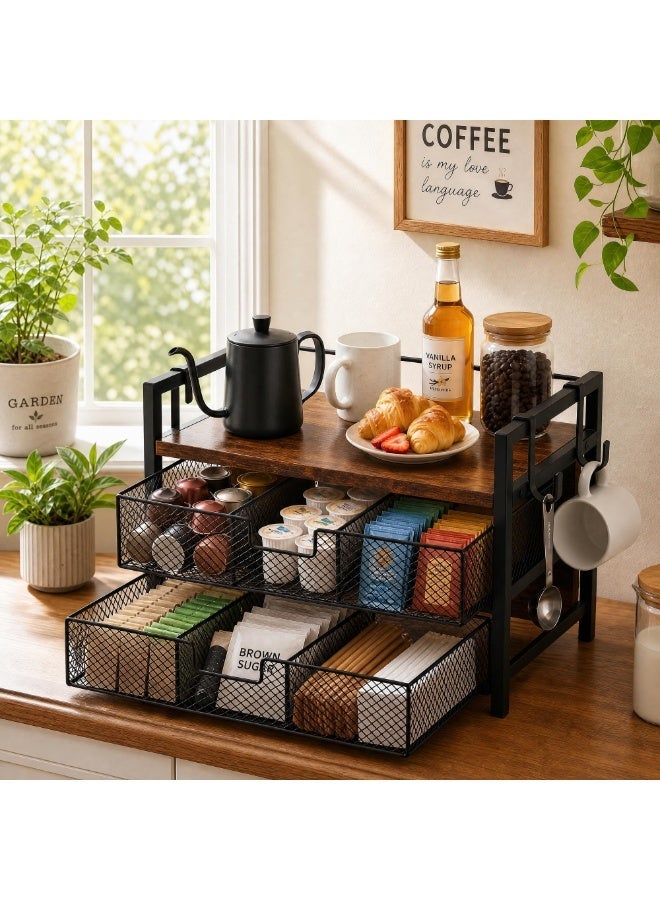 Compare Coffee Station Organizer, Countertop Coffee Bar Holder with 2 Drawers, 4 Side Hooks, Holds 36 K Cups, Coffee Pods, Capsules, Rustic Brown Storage for Tea Bags, Syrup,Coffee Accessories Organizer for Kitchen, Apartment, Home, Office at KSA Price