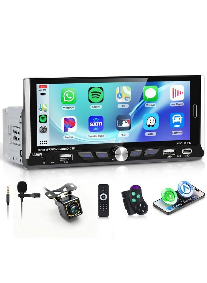 6.9-inch Single Din Car Stereo Wireless Carplay,1280X480P…