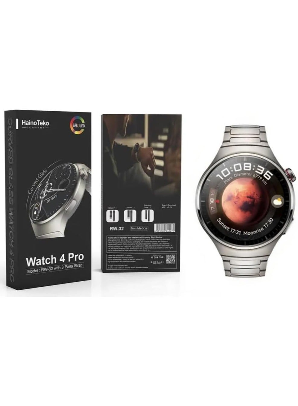 Compare RW 32 Smart Watch With 3 Pairs Straps HD IPS AMOLED Display Waterproof Smartwatch 4 Pro Curved Glass App Control Heart Rate GPS And Fitness Smartwatch at KSA Price